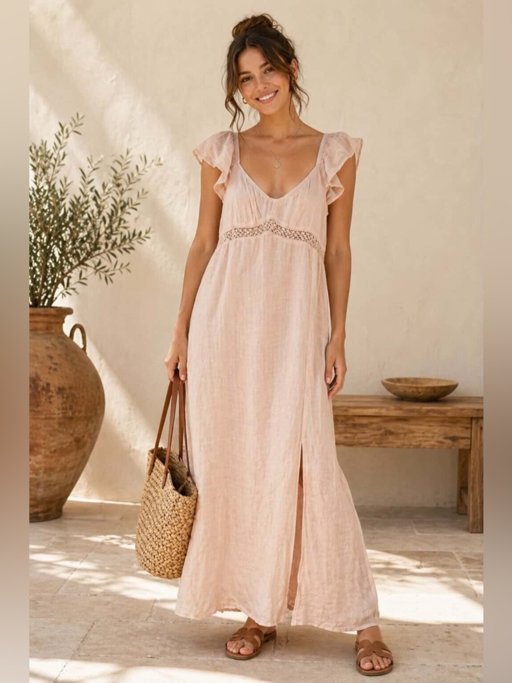 Wilfred Blush Pink Linen Maxi Dress with Flutter Sleeves